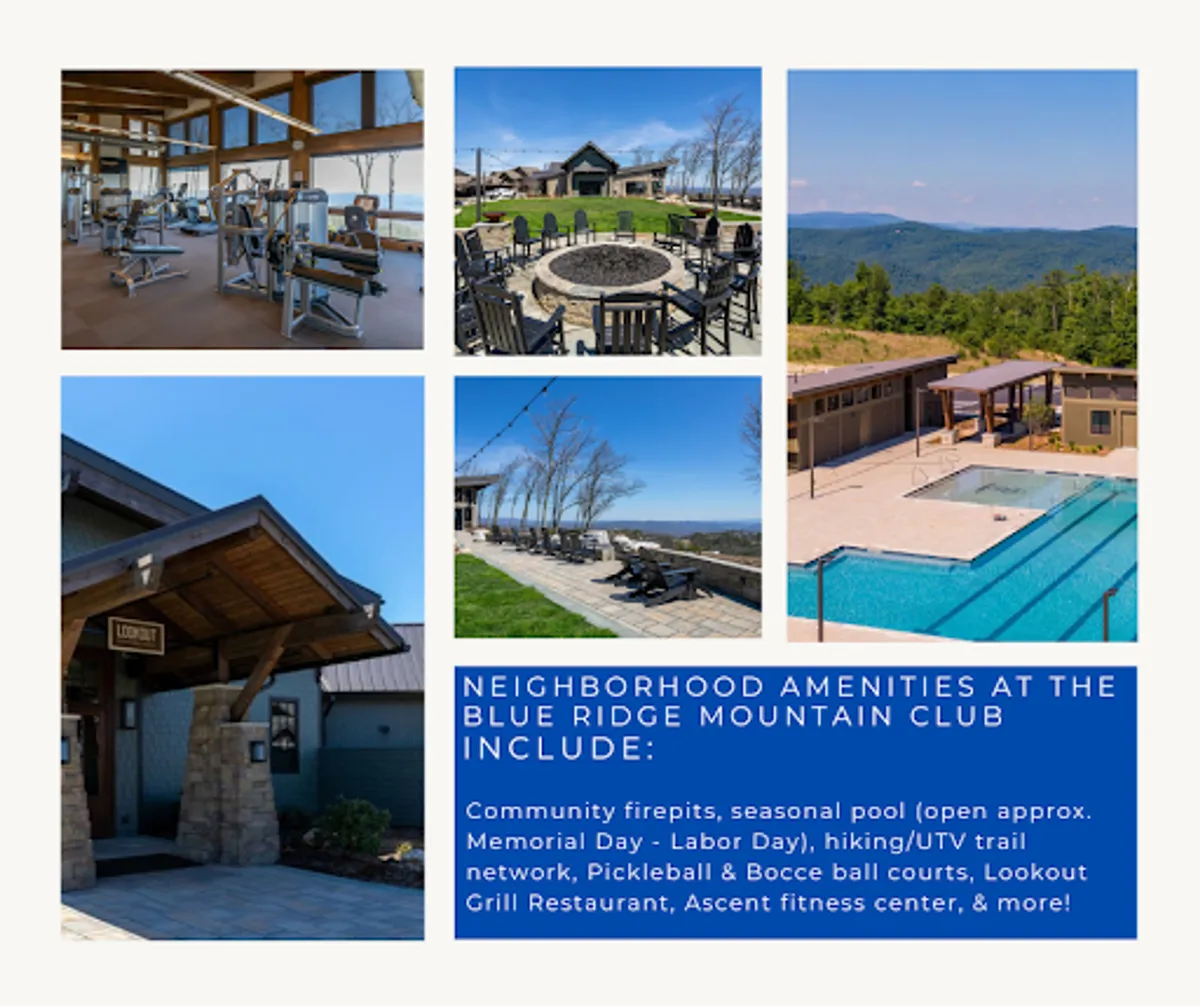 A vibrant scene featuring the Blue Ridge Mountain Club's outdoor amenities: fitness center equipment, a fire pit lounge area, the poolside lounge, the entrance to the Lookout Grill, and expansive scenic mountain views. People are engaged in various activities such as working out, gathering around the fire, swimming, playing pickleball or bocce, and dining at the restaurant. The backdrop of rolling mountains is bathed in sunset light, emphasizing a lively, resort-style atmosphere.