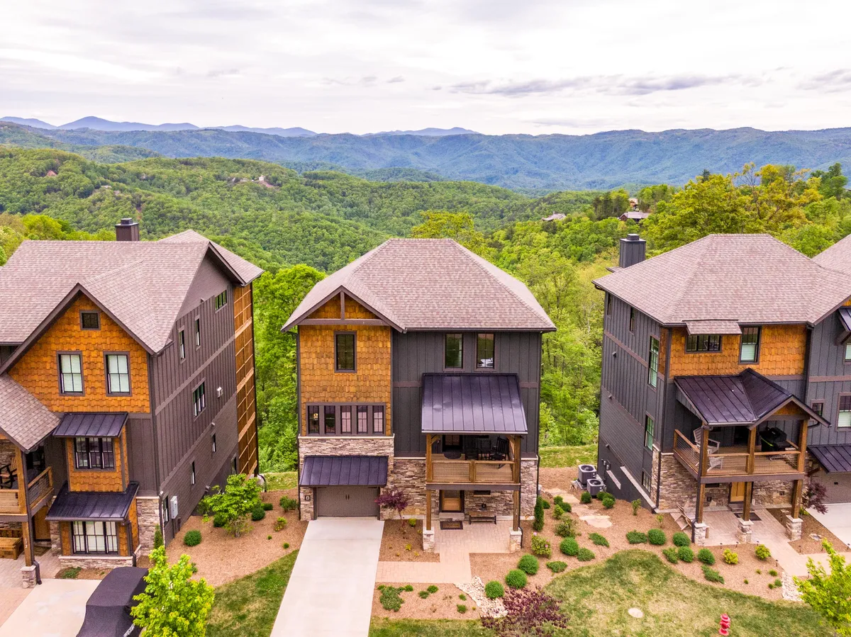 A tranquil view of the mountains frames a cluster of thoughtfully landscaped homes, their architectural details complementing the environment. Manicured grounds blend with wild nature, suggesting both community care and opportunities for nature-based activities.