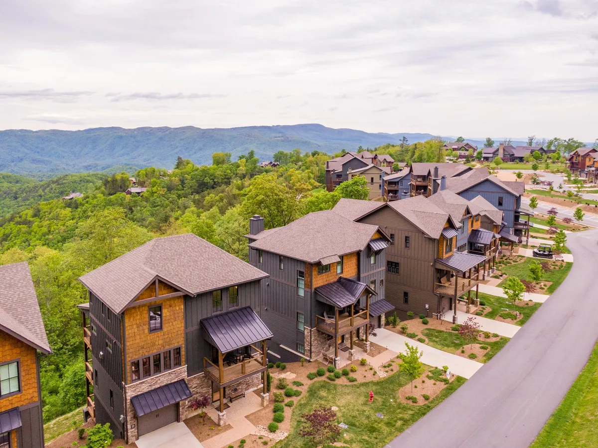 A row of modern mountain cottages sits nestled against a lush, green landscape with the Blue Ridge Mountains rising in the background. The contemporary architecture blends seamlessly with the natural surroundings, and wide porches suggest inviting outdoor spaces for relaxation and wildlife observation.
